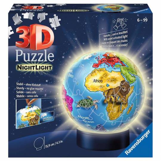 Puzzle 3D Maquette en Bois à Veilleuse LED (Globe Terrestre Lumineux)