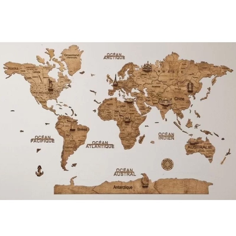 Carte du monde en bois 2D taille S Foncée - Creatif Wood - BCD