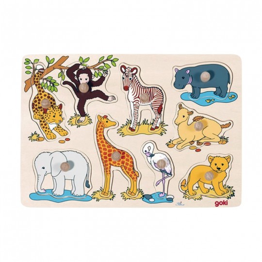 Puzzle en bois bébés animaux d'Afrique 9 pièces - Goki Goki - 1