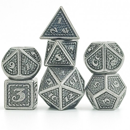 Dés Métal - Lot de 7 dés (16mm) avec boite métal- Dragon Scale Silver Epic Forge - 1