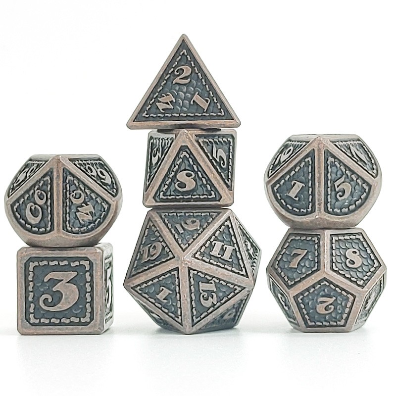 Boite de Dés Métal - Lot de 7 dés (16mm) avec boite métal- Dragon Scale Copper